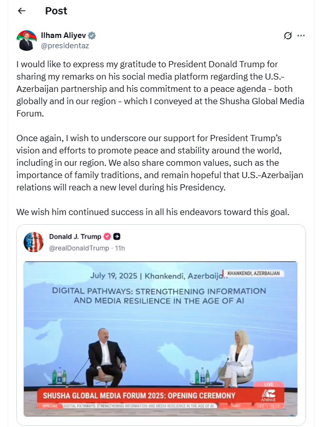President Ilham Aliyev Thanks Donald Trump for Sharing Remarks on U.S.-Azerbaijan Partnership 2 ali